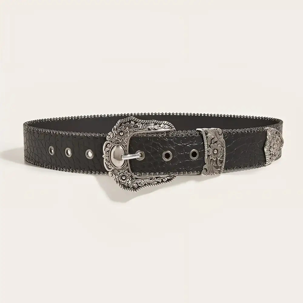 Black crocodile-pattern belt featuring an ornate silver buckle for elegant style