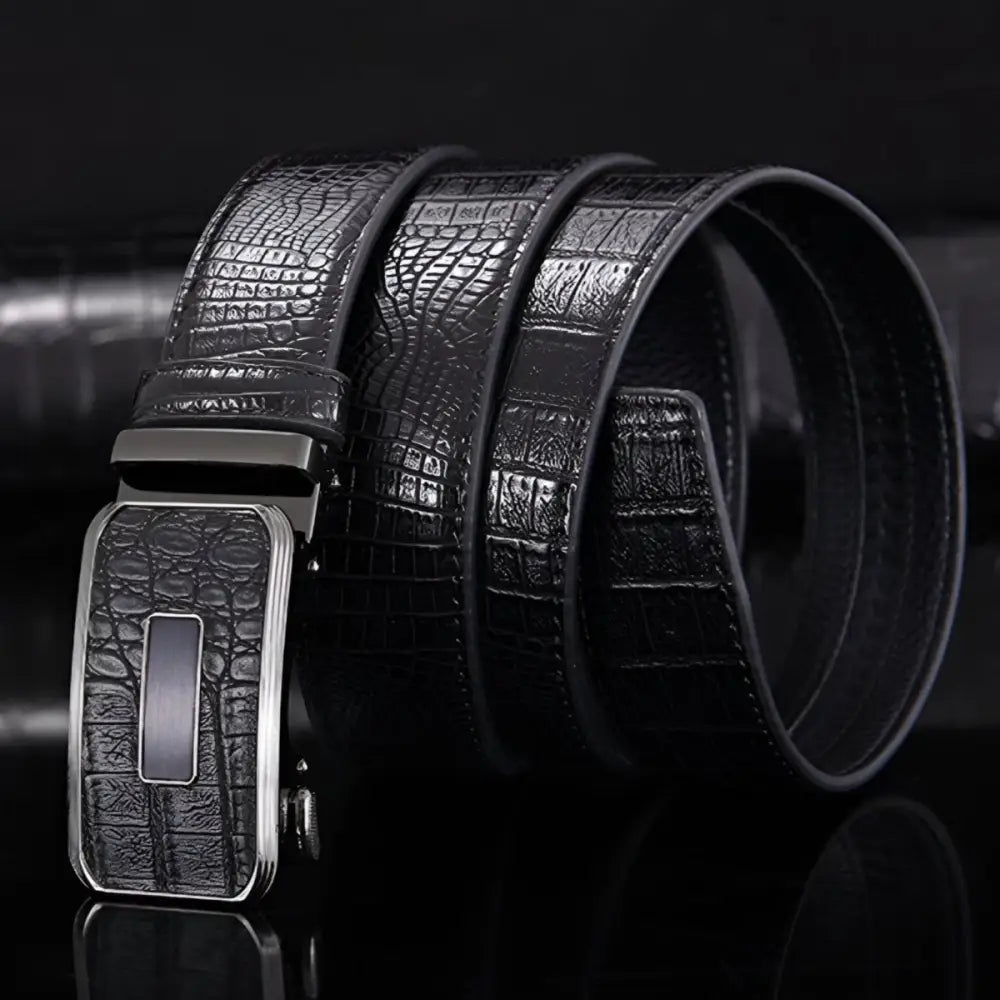 Black crocodile-patterned leather belt showcasing luxury and craftsmanship