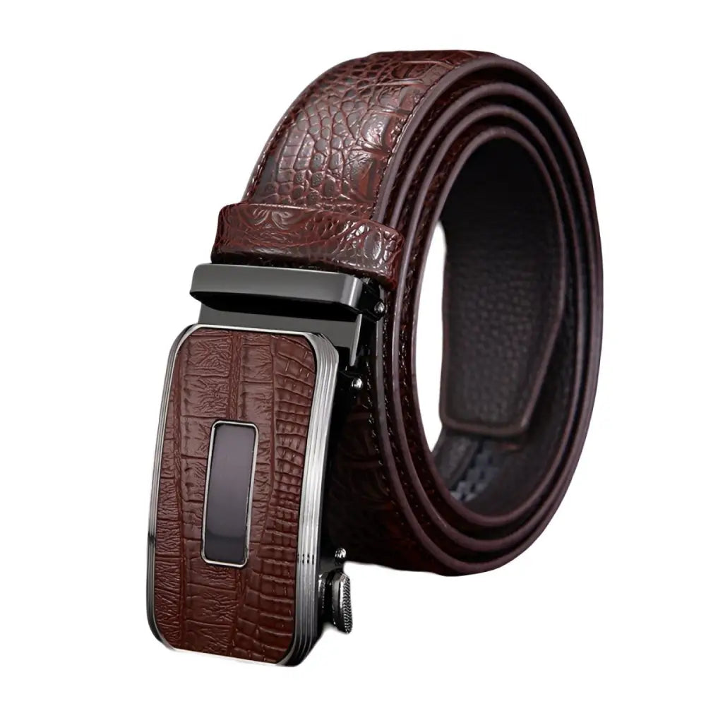 Black Crocodile Pattern Leather Belt featuring a textured brown leather buckle