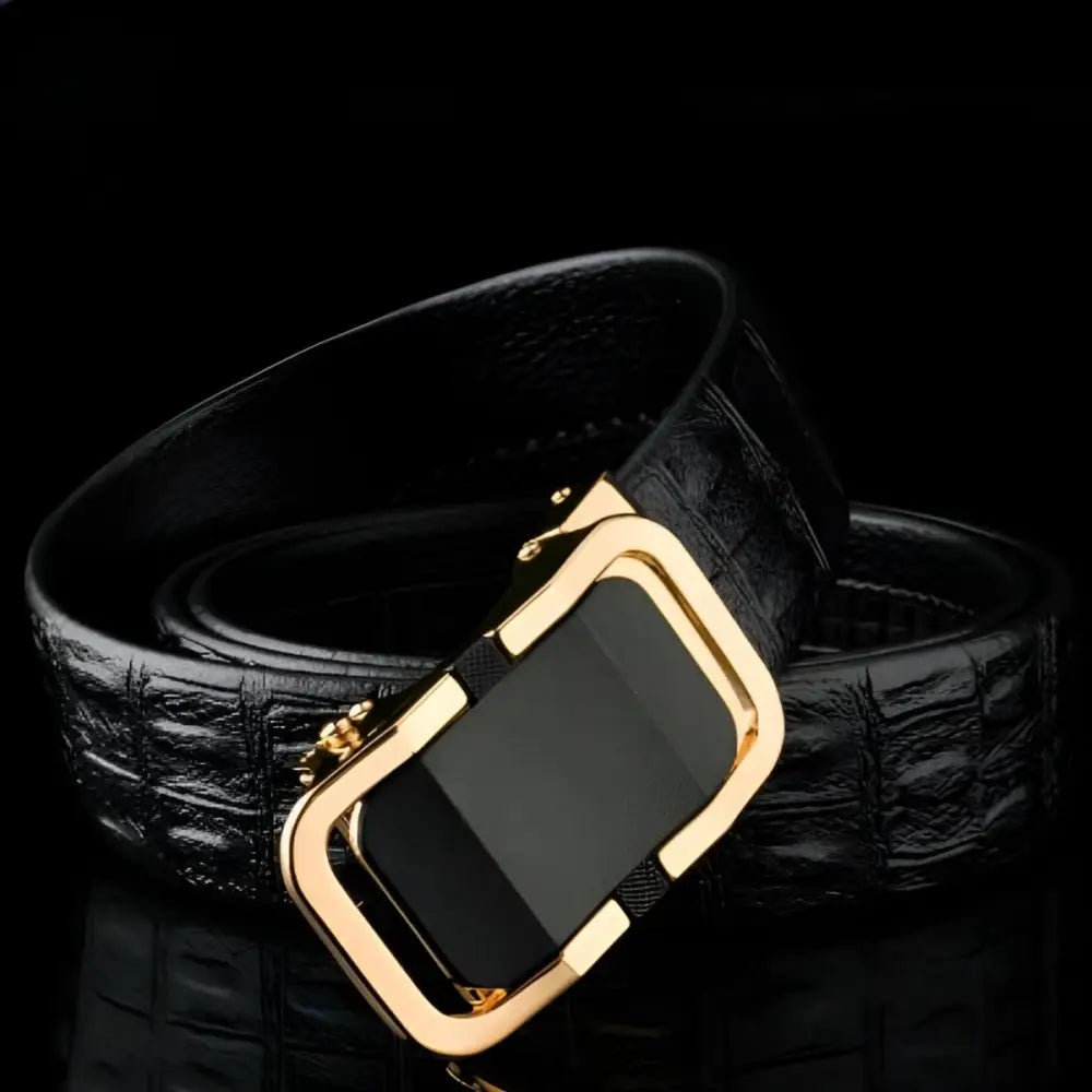 Black Crocodile-Pattern Leather Belt with Gold Buckle showcasing luxury craftsmanship