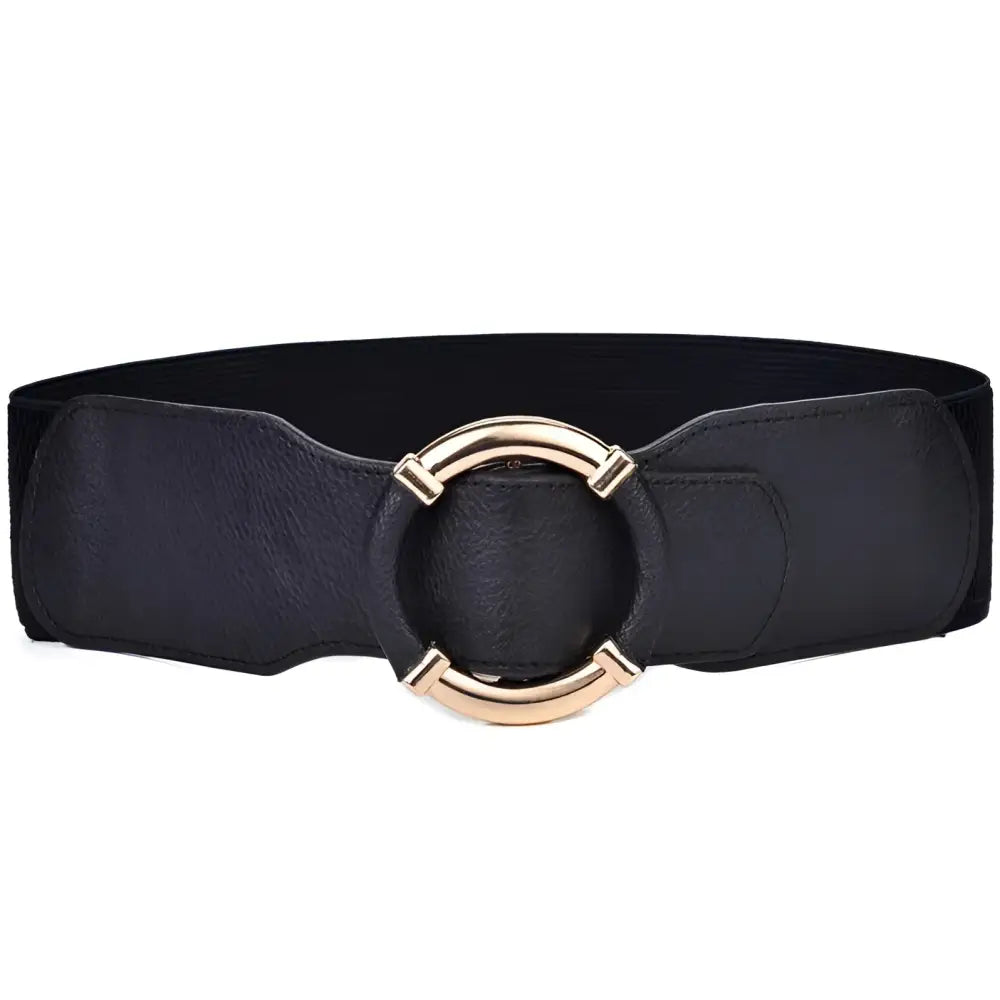 Black elastic belt with a gold circular buckle suitable for dresses and outfits