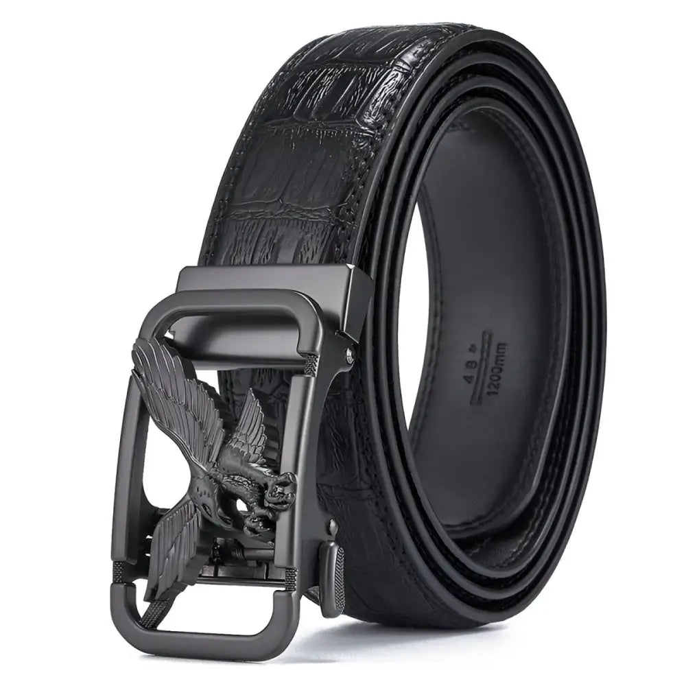 Black leather belt featuring a detailed eagle buckle ideal for stylish accessories