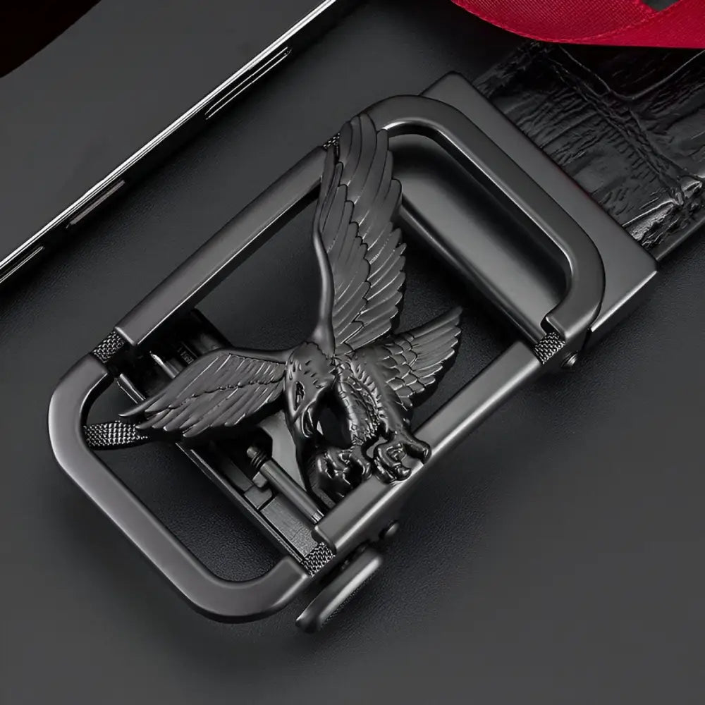 Black leather belt with a detailed black eagle buckle for a stylish look