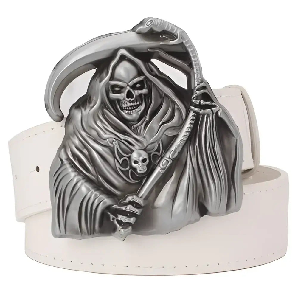 Black Leather Belt with Nash Model Scythe Grim Reaper Buckle for stylish fashion accessories