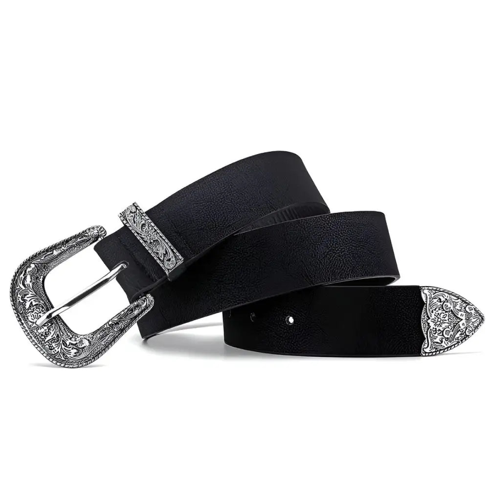 Black leather belt with ornate silver buckle and tip displayed in the Black Leather Belt with Ornate Silver Buckle product image
