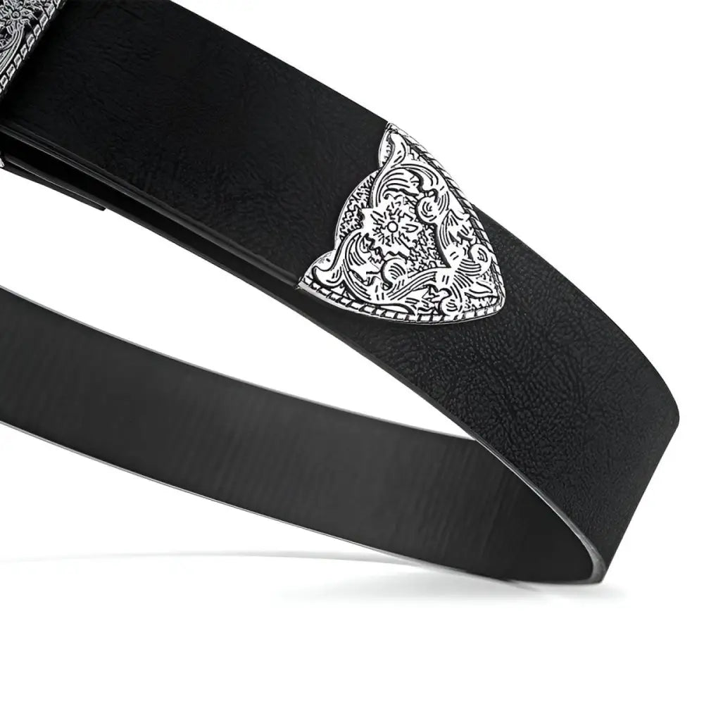 Black leather belt with ornate silver buckle displaying craftsmanship and elegant design