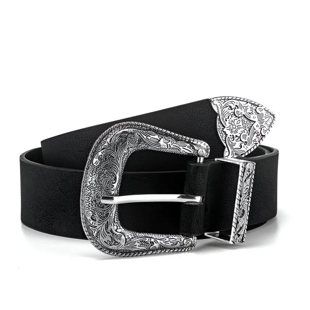 Black leather belt featuring an ornate silver buckle for a sophisticated look