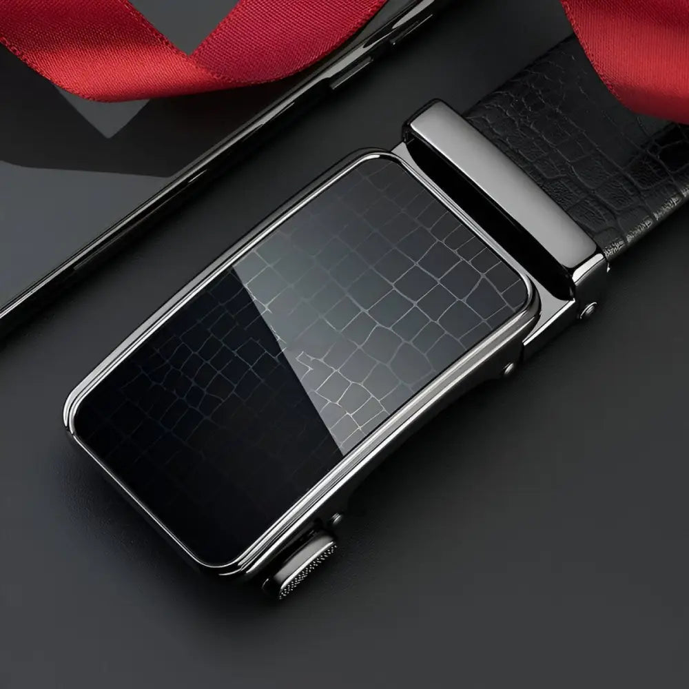 Black leather belt with a silver automatic buckle for men and women