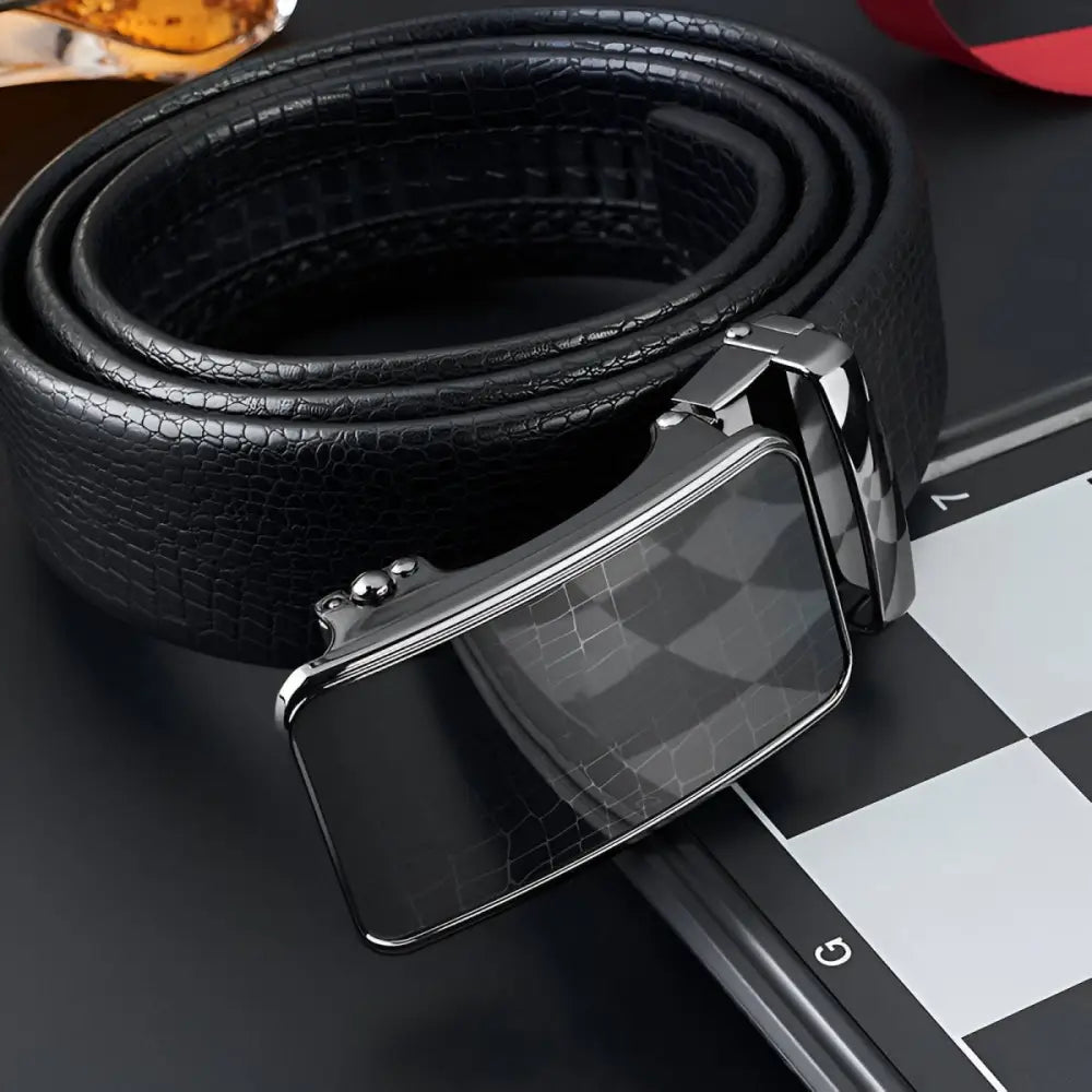 Black leather belt with silver automatic buckle for stylish men’s accessories