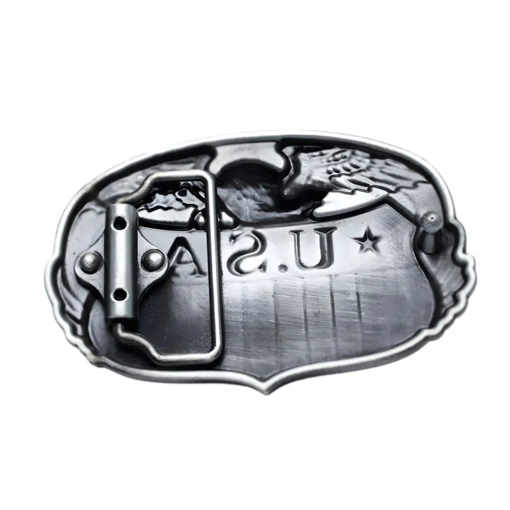 Silver-toned belt buckle with eagle and star design for patriotic style