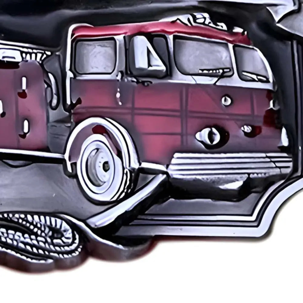 Red fire truck belt buckle for everyday heroes showcasing durable and stylish belt accessories
