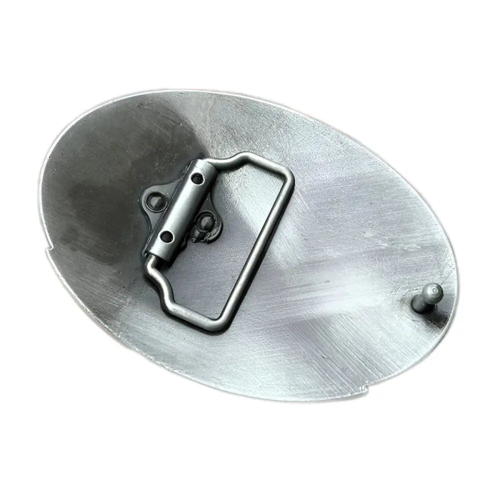 Oval metal law enforcement belt buckle with badge gun and handcuffs design