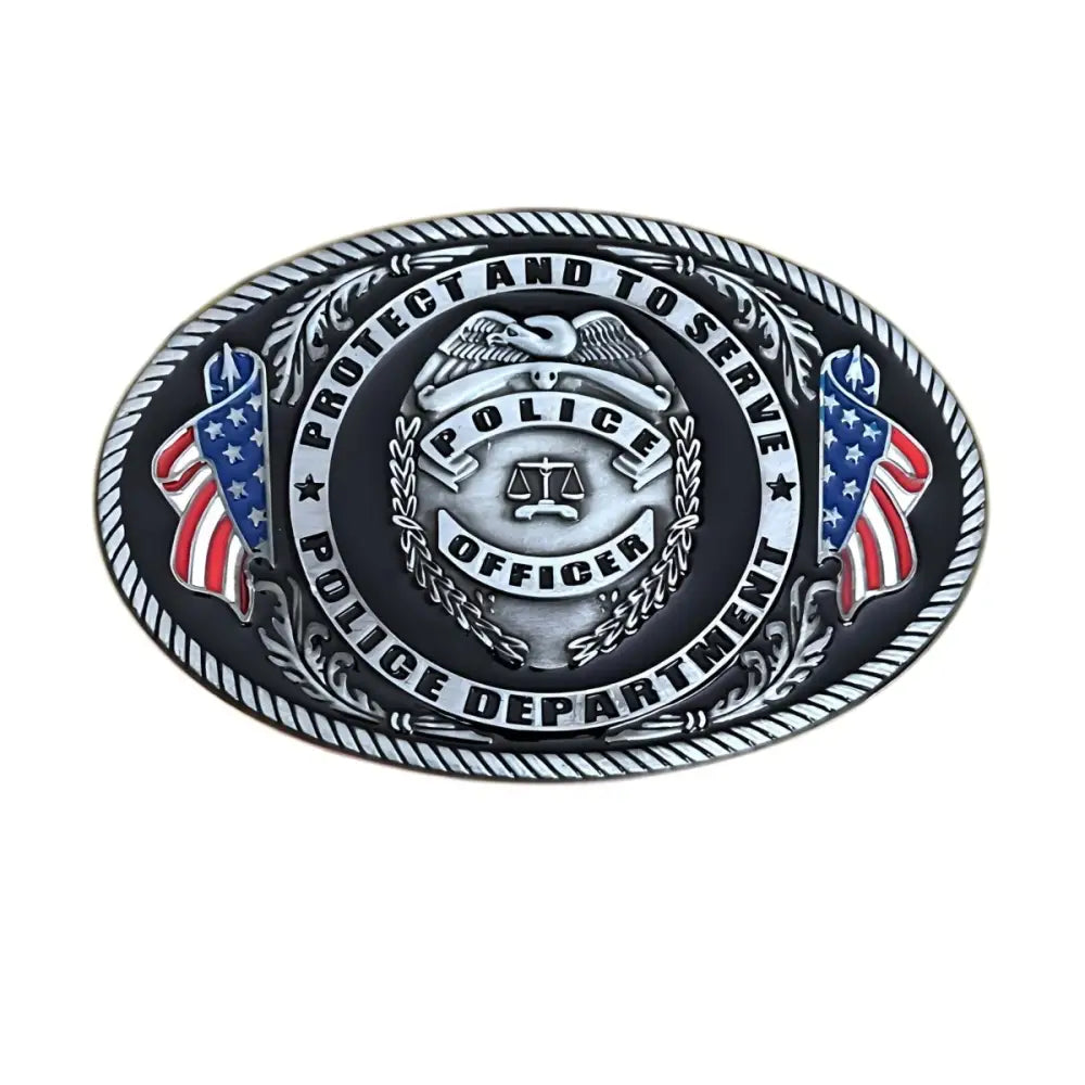 Oval police officer belt buckle for law enforcement professionals in silver finish