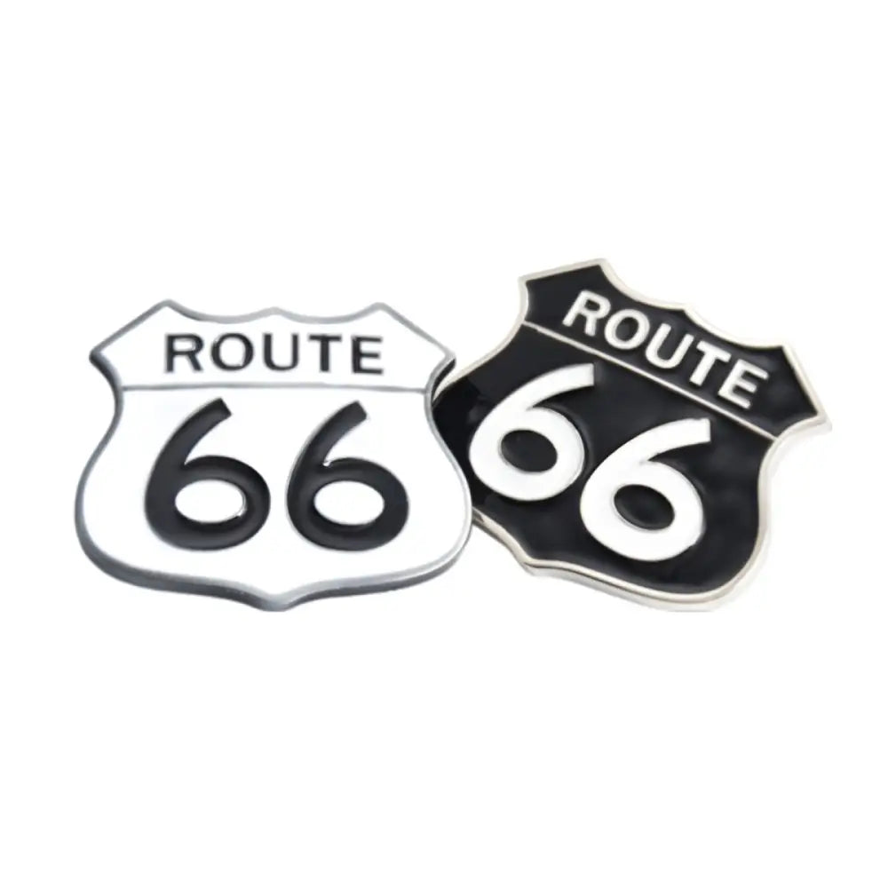 Route 66 pins displayed on belt buckle accessories in a stylish product layout