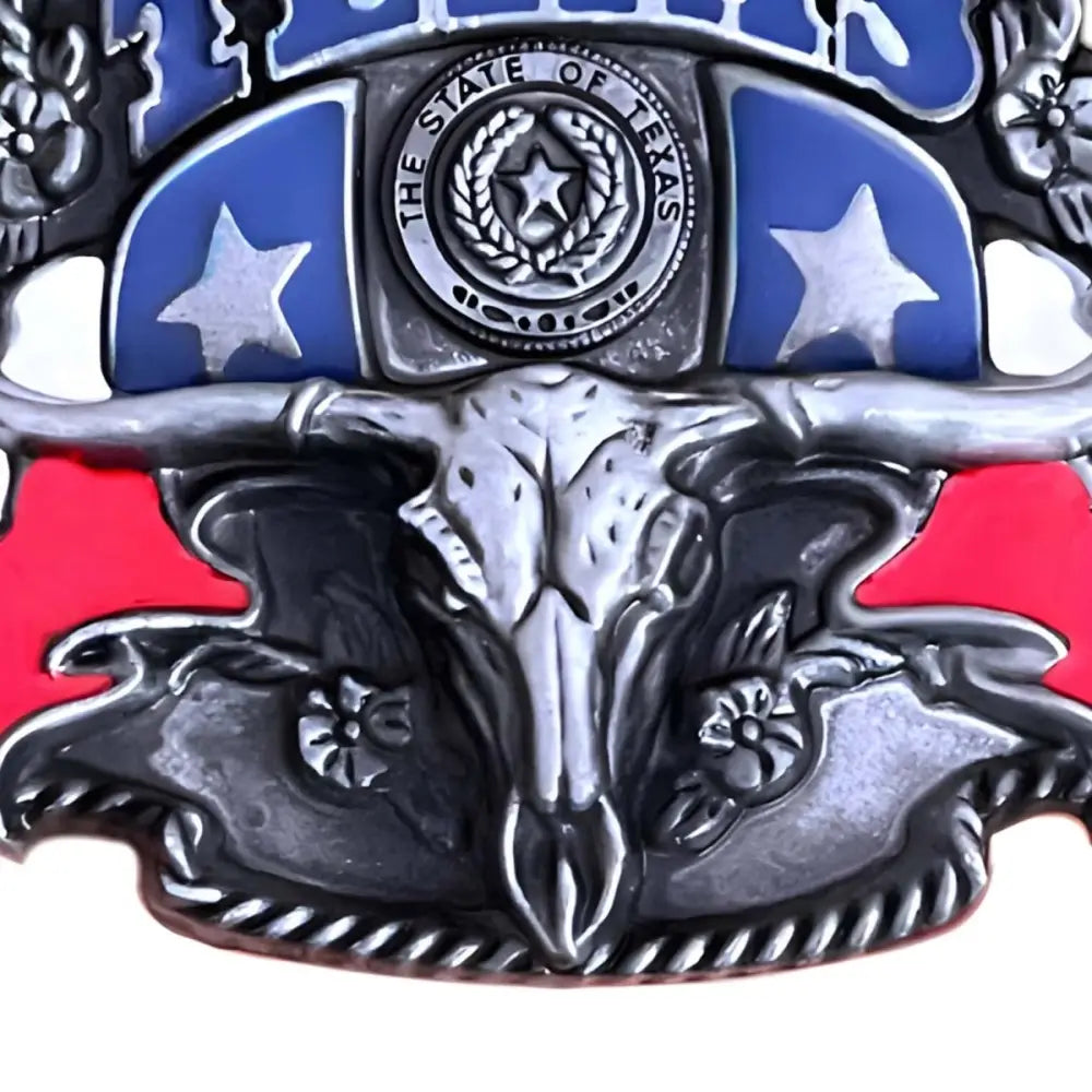 Texas-themed belt buckle featuring a lone star and steer skull design for Lone Star State enthusiasts