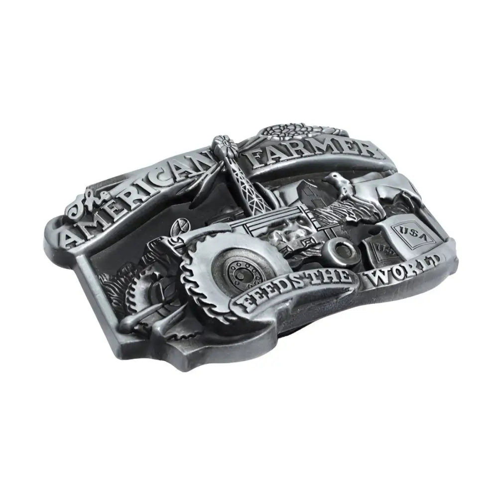 Silver American Farmer belt buckle featuring tractor design for the American Farmer Rowan collection