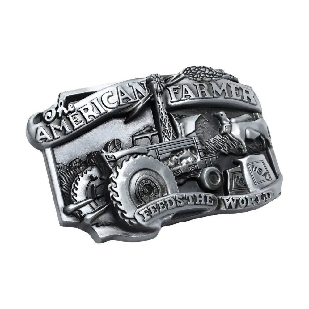 Silver belt buckle with tractor design from American Farmer Belt Buckle collection