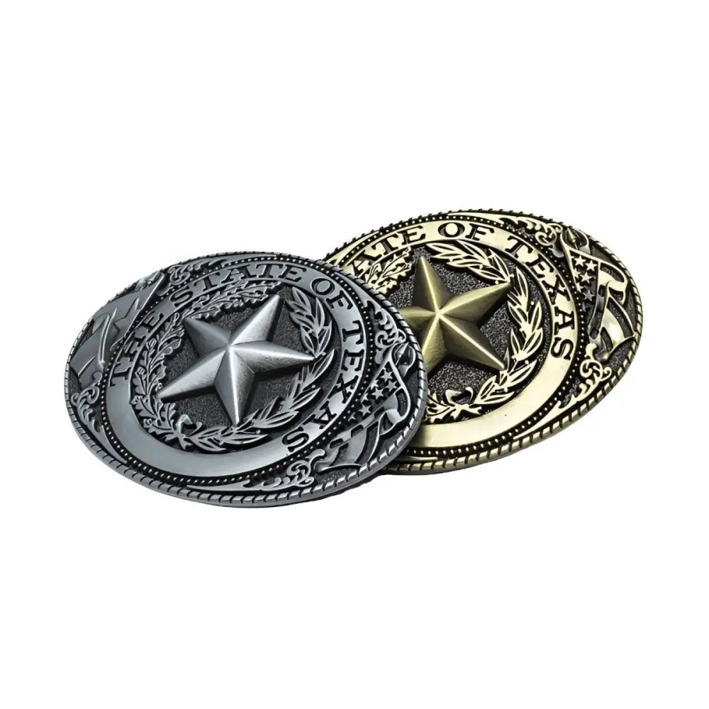 Silver and oval designs Texas state belt buckles displayed in a product image
