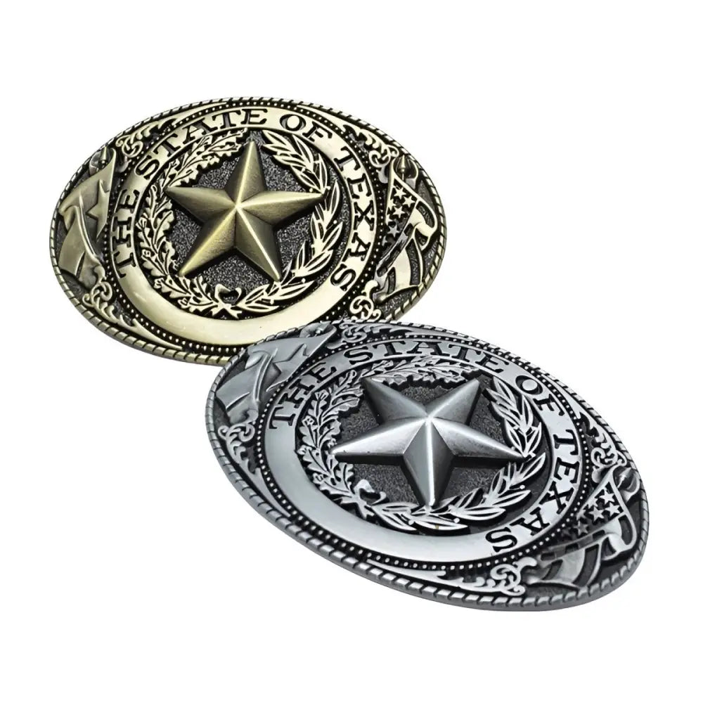 Two Texas star belt buckles in silver and oval designs for Texas State Belt Buckles collection