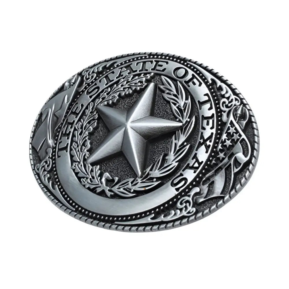 Silver Texas state belt buckle featuring an oval design from Texas State Belt Buckles collection