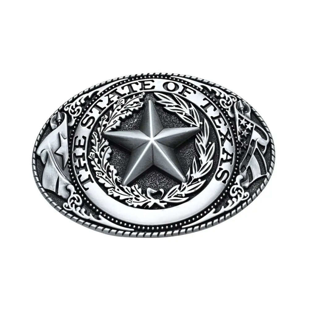 Silver Texas state belt buckle with oval design from Texas State Belt Buckles collection