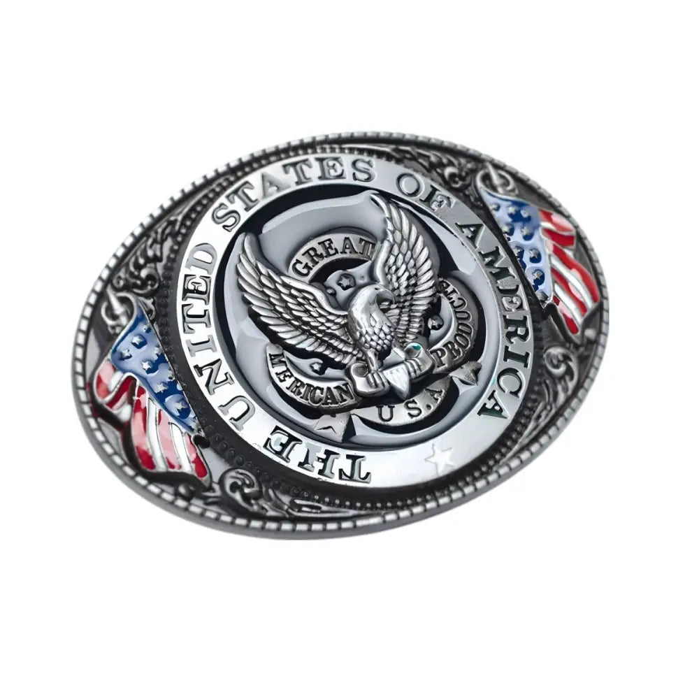 United States belt buckle featuring an eagle and American flag design