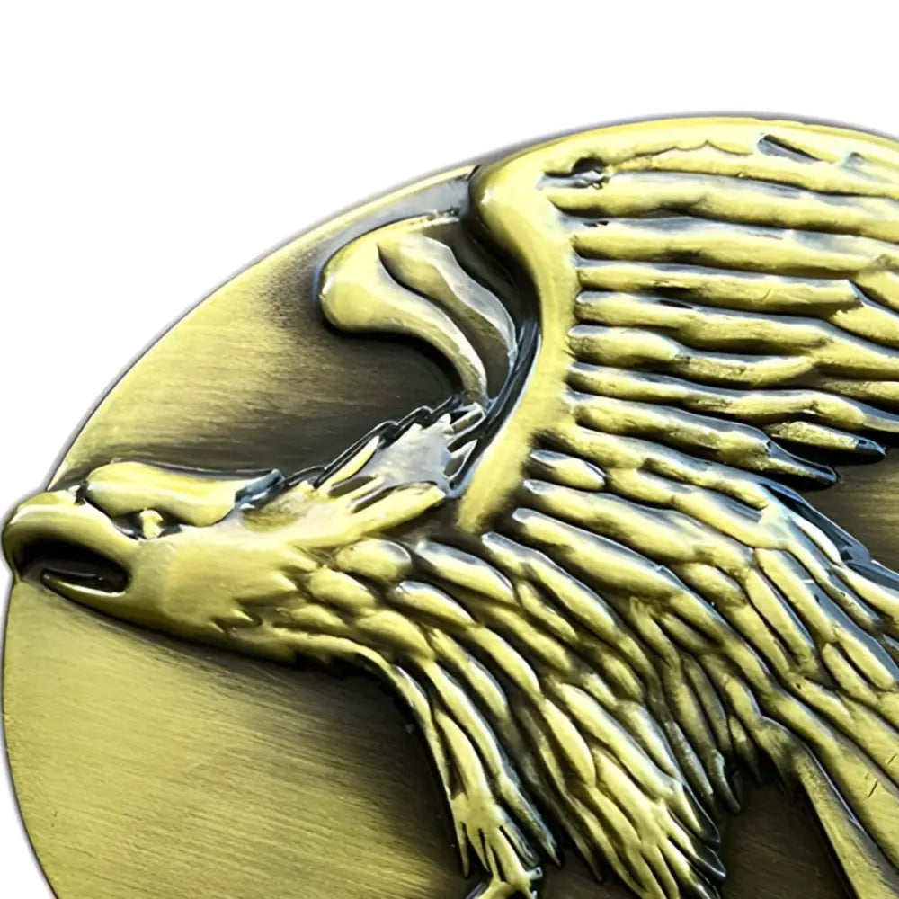 Golden eagle belt buckle from Adrian Model Animal Belt Buckles in silver, bronze, and gold