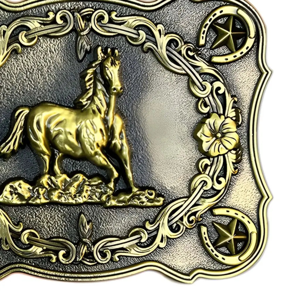 Silver ornate horse belt buckle showcasing equine elegance and craftsmanship