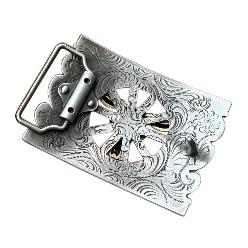 Ornate silver belt buckle designed for stylish horseback riding accessories