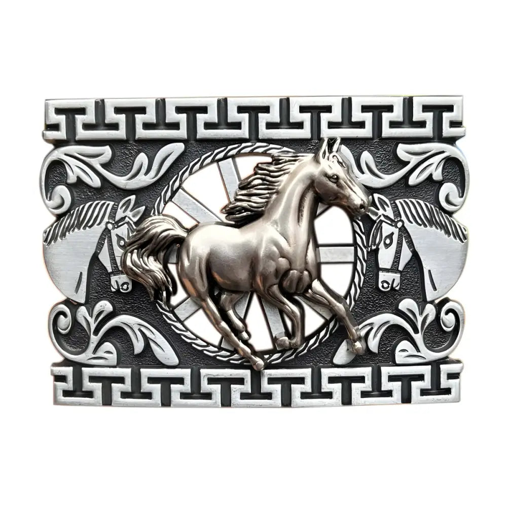 Silver horse belt buckle for stylish horseback riding accessory display