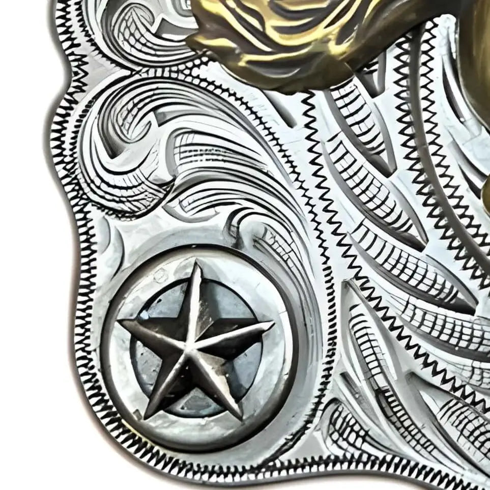 Ornate silver belt buckle with star detail from Elegant Western Style collection