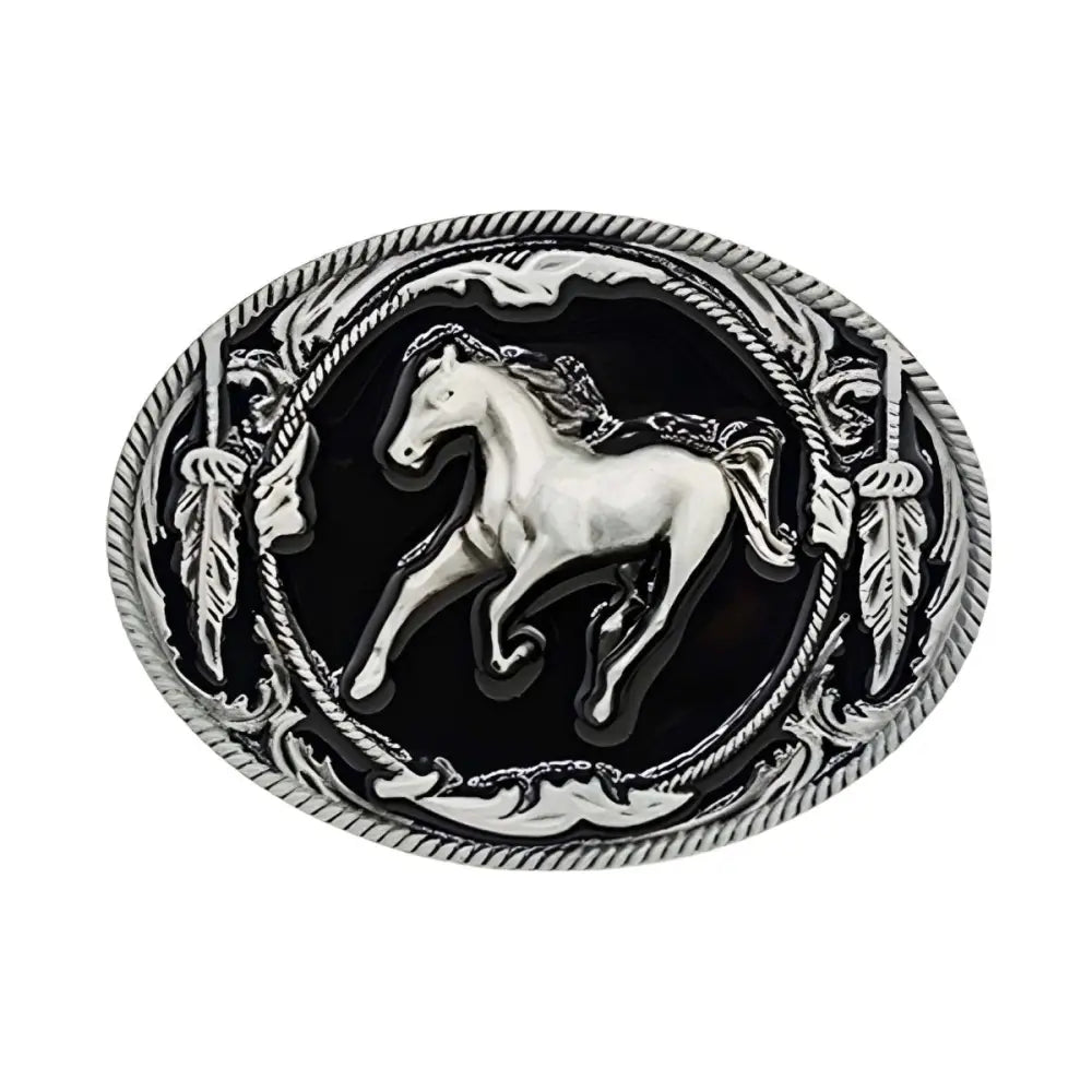 Silver Horse Belt Buckle with Oval Design showcasing a detailed belt buckle featuring a horse motif