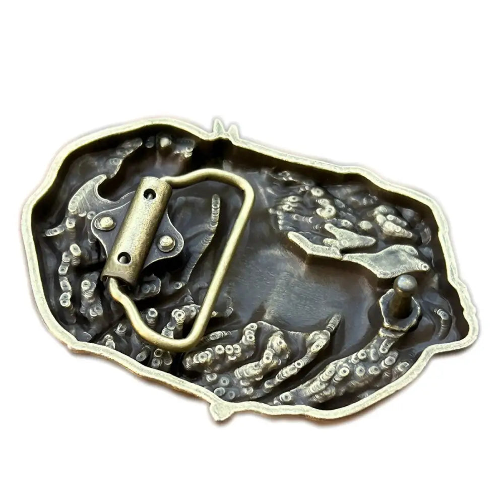 Back view of a metal belt buckle for Bronze and Silver Horse Belt Buckles product