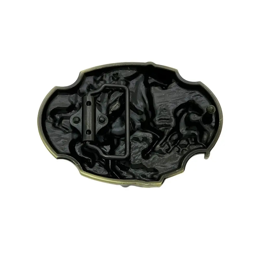 Oval belt buckle with horses from the Bronze-Colored Horse Family Sculpture collection