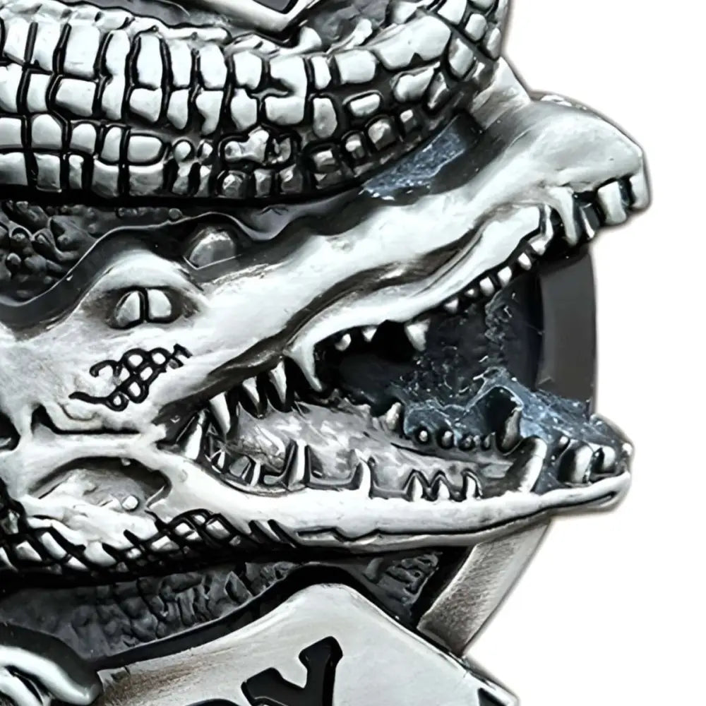 Silver alligator belt buckle from the James Model, a stylish animal belt buckle accessory