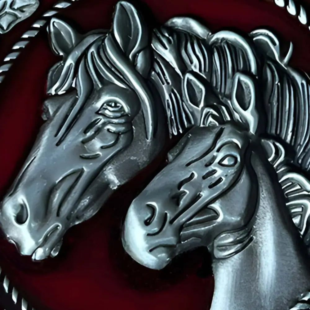 Silver horse heads oval belt buckle for Western and Rustic Styles