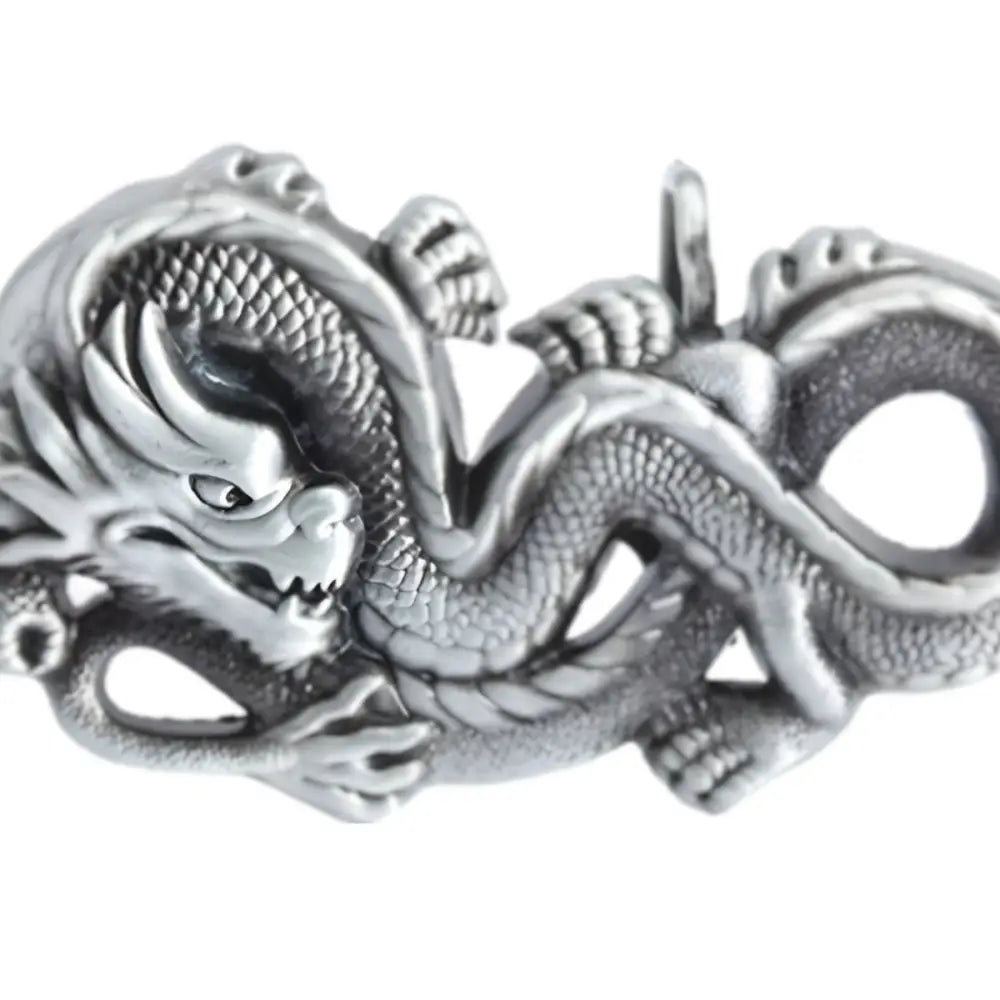 Silver dragon pendant with bronze belt buckle for a stylish accessory look