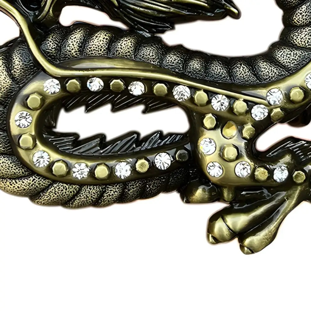 Ornate bronze dragon belt buckle with embedded rhinestones for elegant accessories