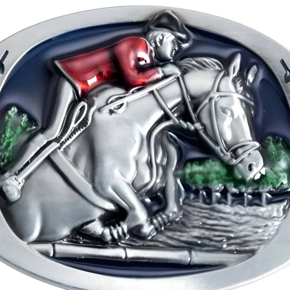 Equestrian horse and rider jumping obstacle belt buckle for riding enthusiasts