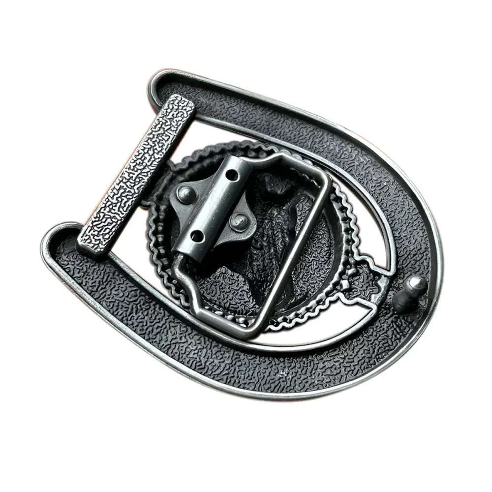 Silver horseshoe belt buckle with horse head design for Western style boots