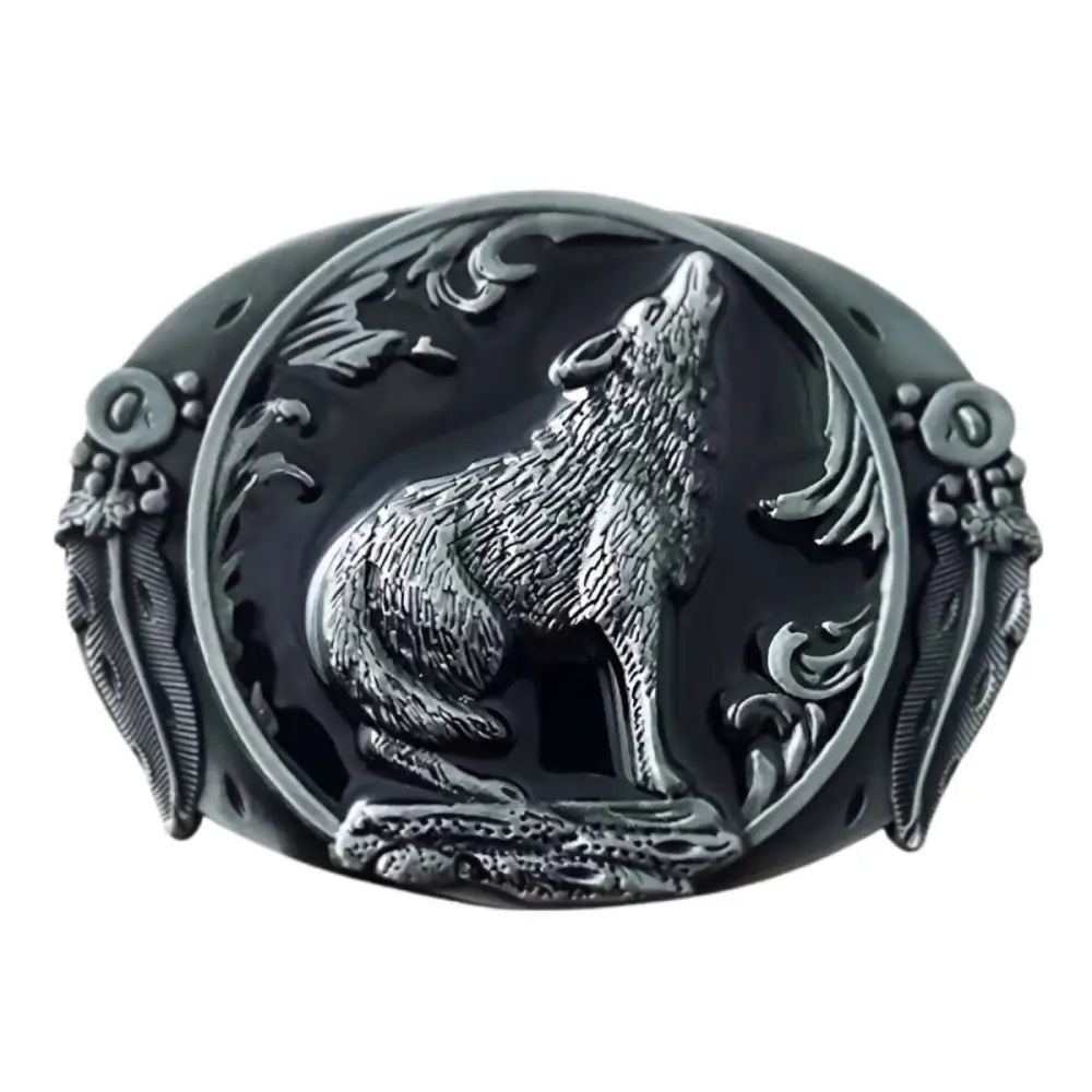Wolf-themed oval belt buckle featuring a detailed howling wolf design