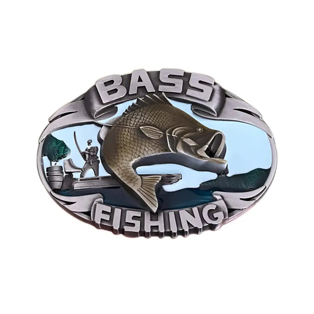 Bass fishing belt buckle showcasing detailed aquatic angling design for anglers