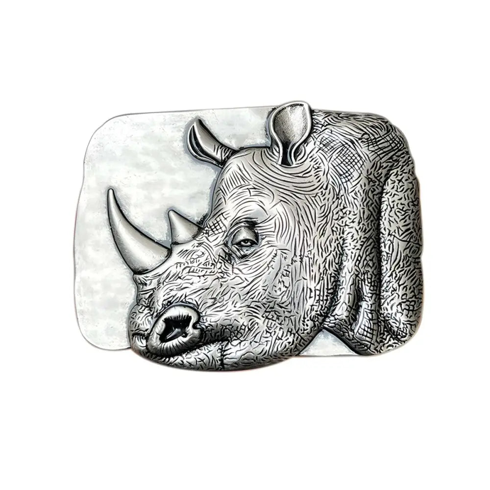 Silver Rhino Head Belt Buckle for Unique Leather Accessories showcasing a detailed sculpture