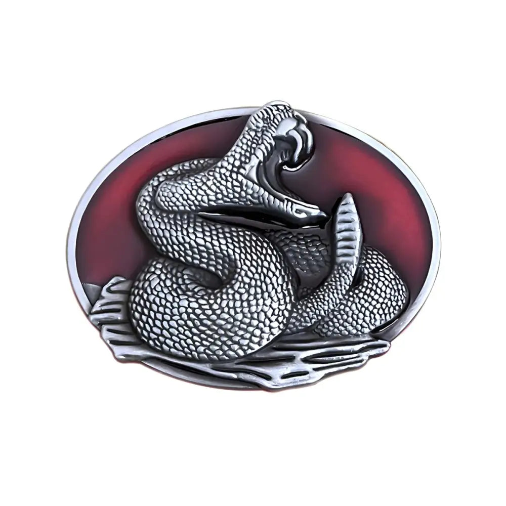 Silver snake belt buckle with red background showcasing elegant style and craftsmanship