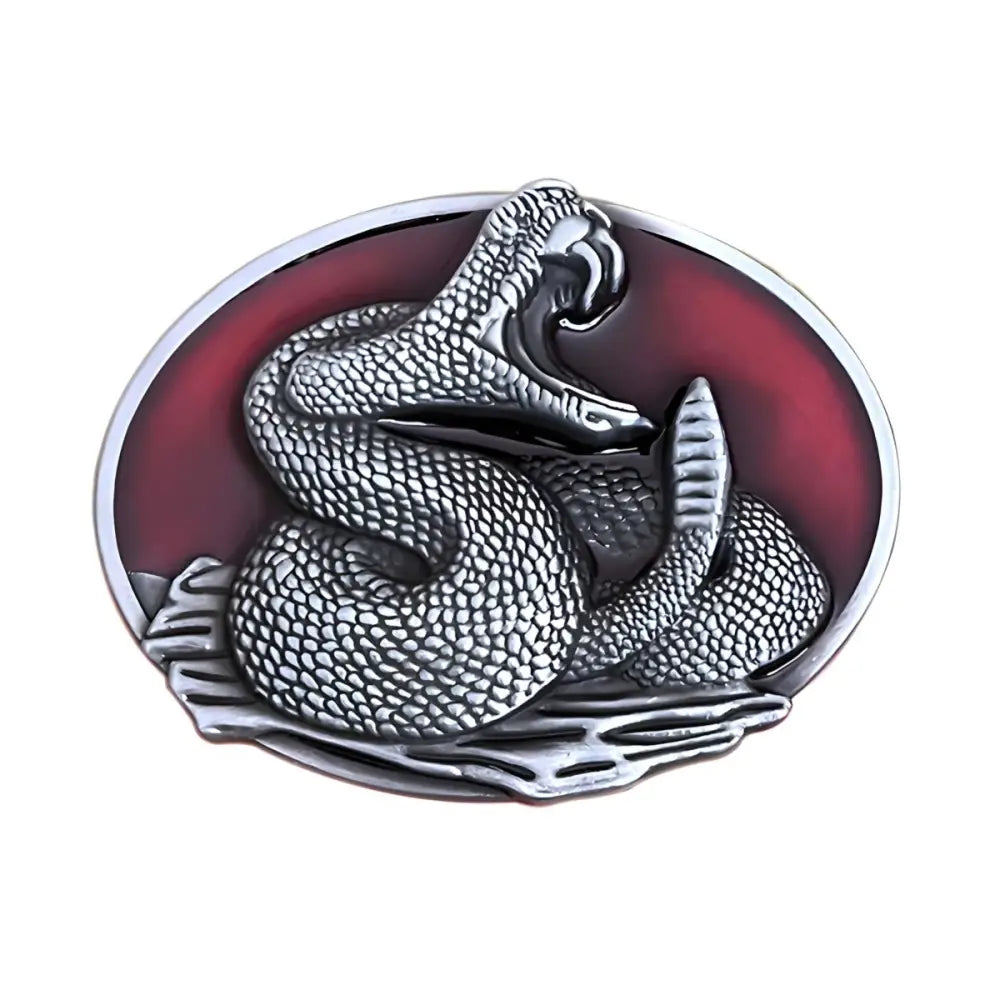 Silver Snake Belt Buckle with Red Background showcasing an elegant belt buckle design
