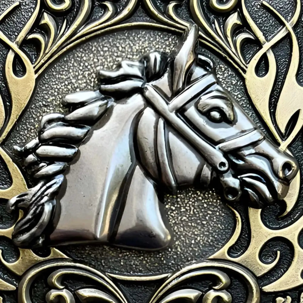 Embossed horse head belt buckle with bridle in ornate Western style for elegant fashion