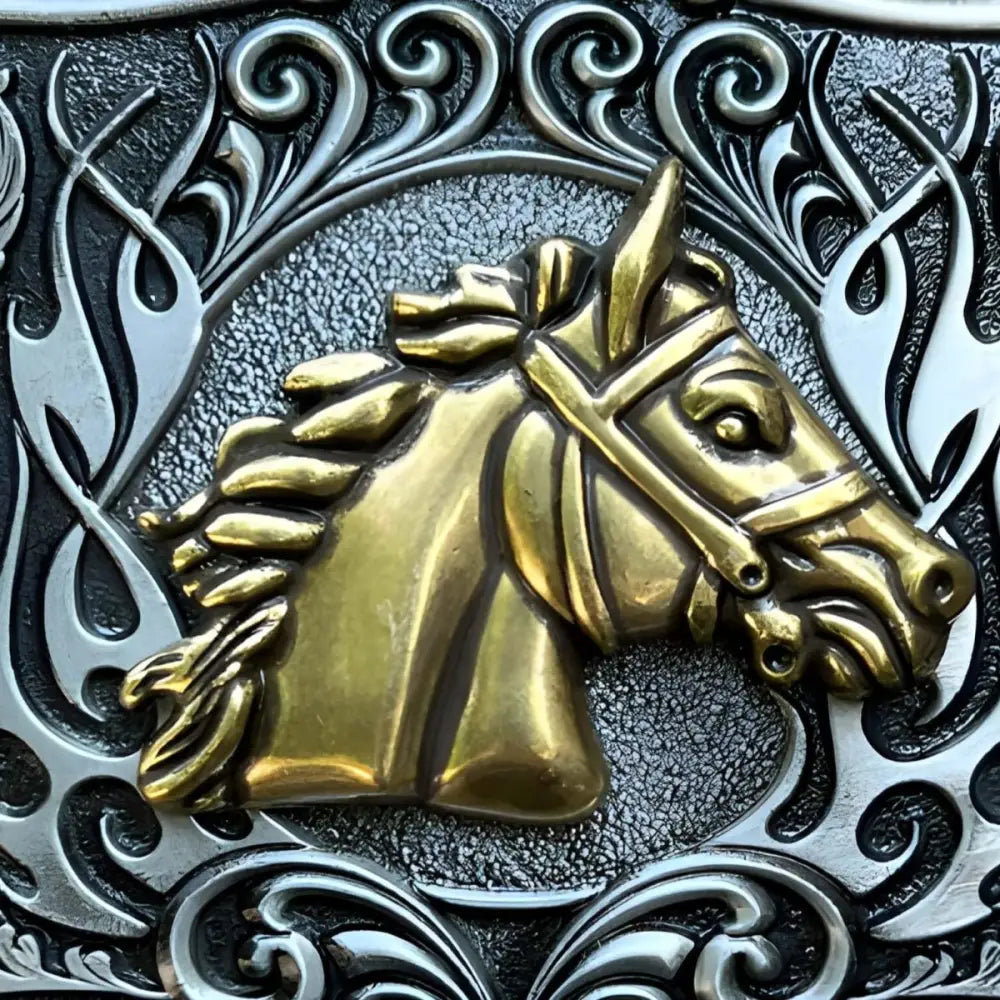 Ornate horse head belt buckle designed for elegant Western style fashion