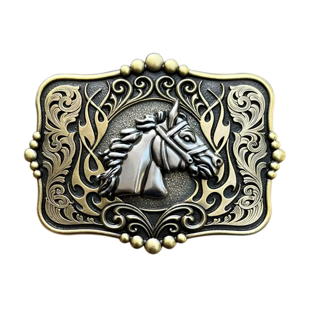 Ornate horse head belt buckle for elegant Western style accessory display