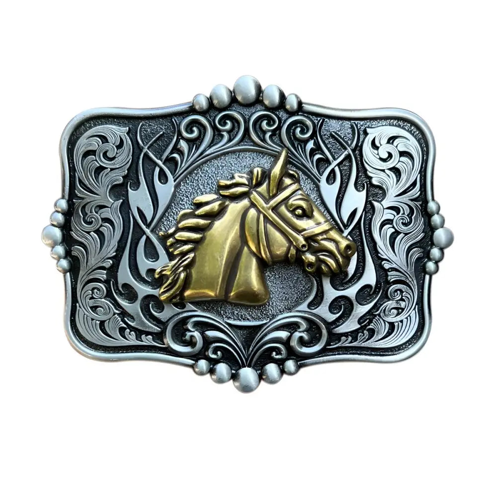 Elegant ornate horse head belt buckle for Western style fashion accessory