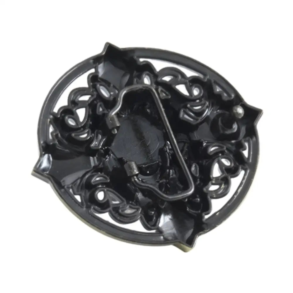 Oval black metal belt buckle featured in Silver Lion Head Belt Buckle with Ornate Emblem